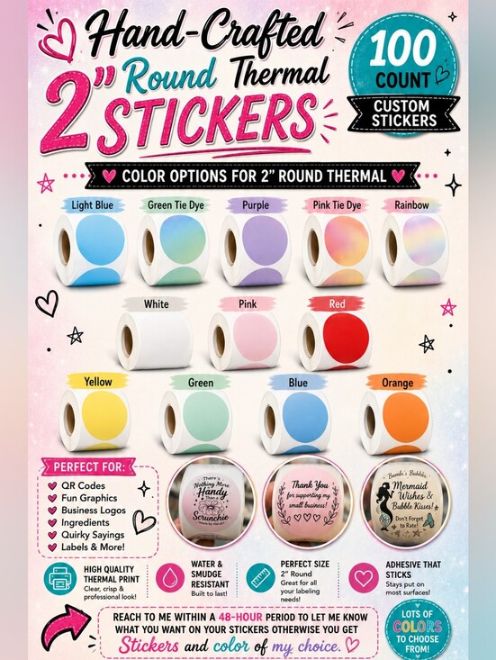 Hand Crafted Other - BUY NOW! 100 Thermal Stickers Available in Different Colors 2"Round QRCODE